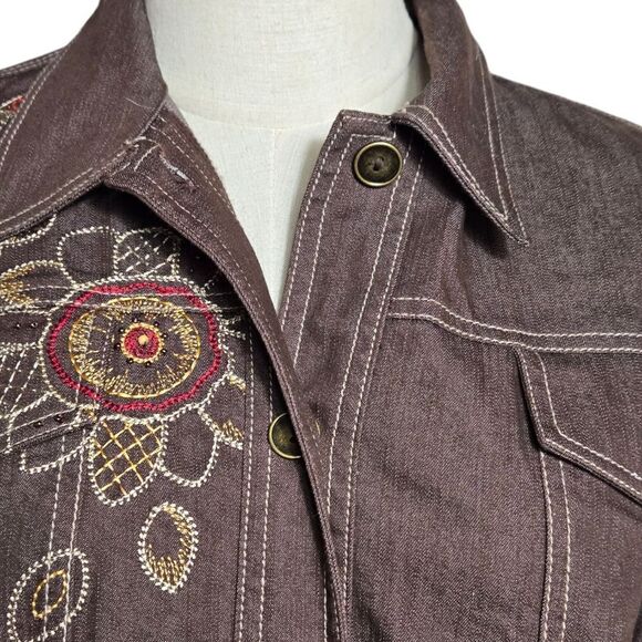 Alfred Dunner Brown Floral Embroidered Denim Jacket - Picture 2 of 7